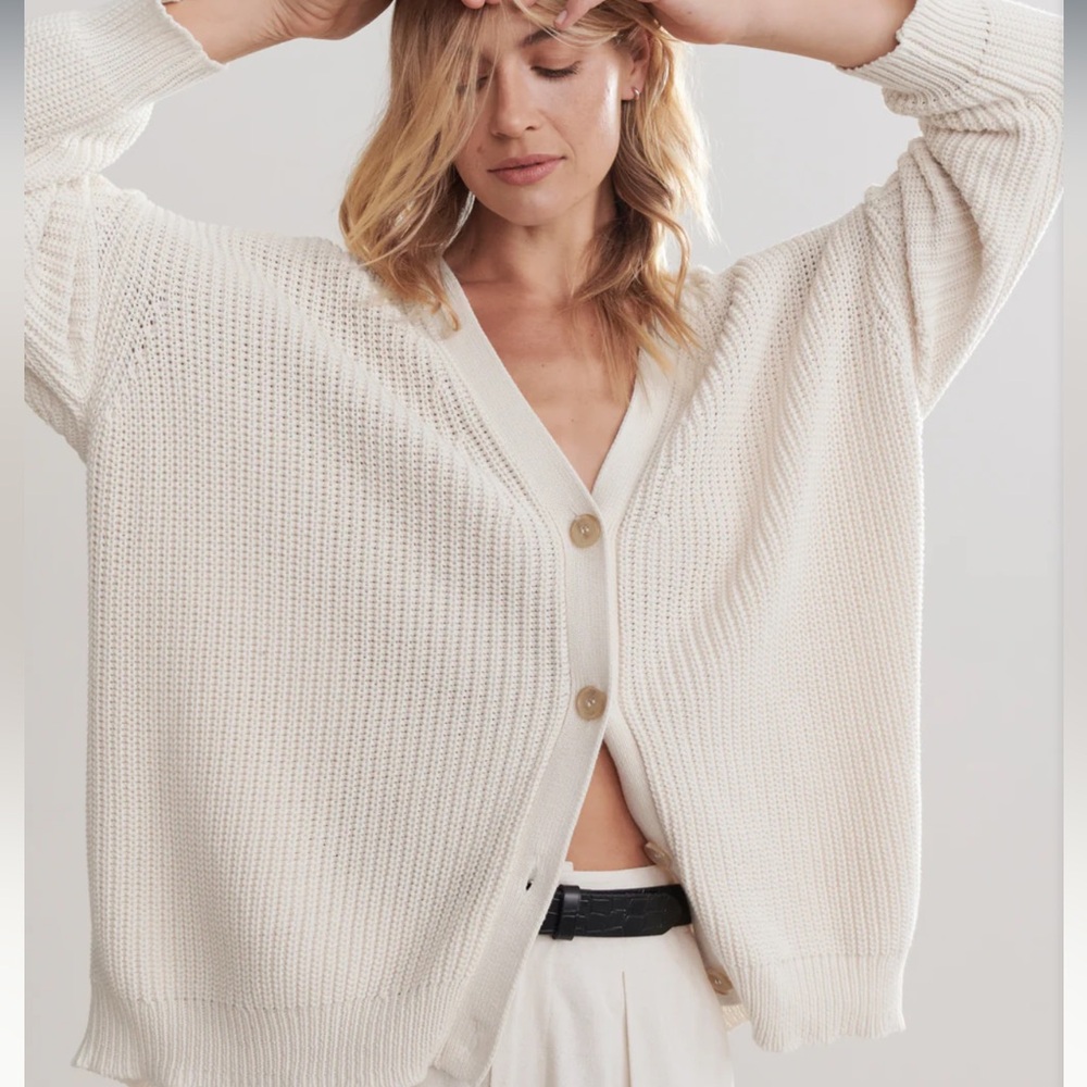 ☀️Jenni Kayne Organic Cotton blend Cream/white Ribbed Knit Sweater Cardigan - Picture 2 of 7